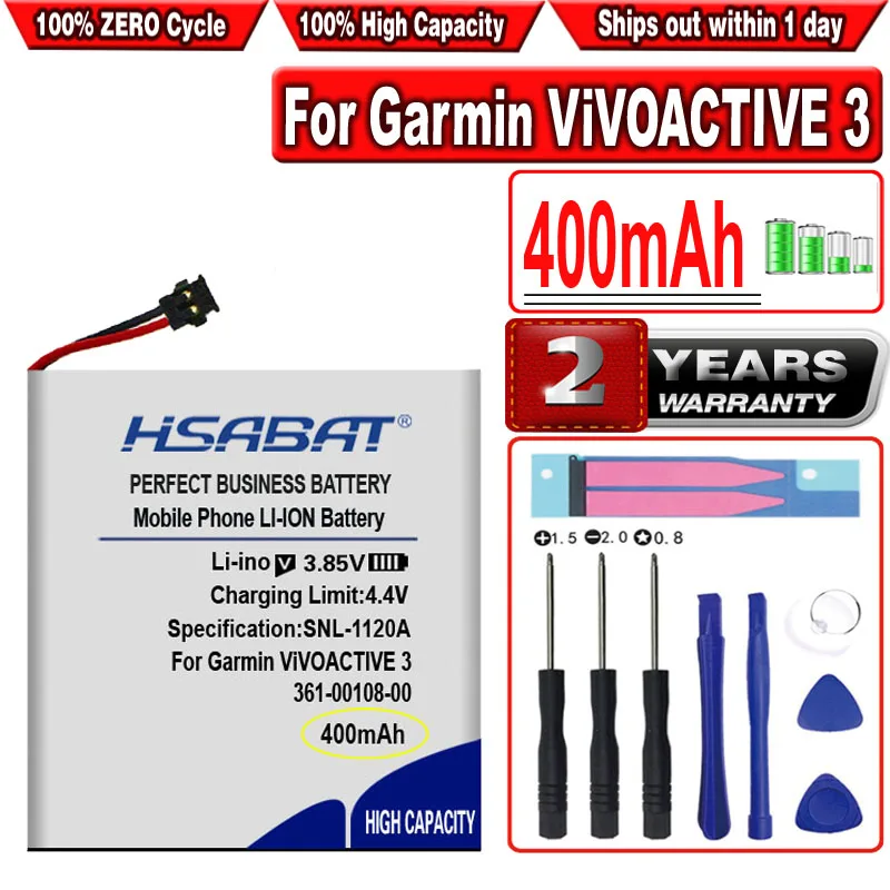 

HSABAT 400mAh 361-00108-00 Battery for Garmin ViVOACTIVE 3 Music Watch Li-po NL28LL31B03OC
