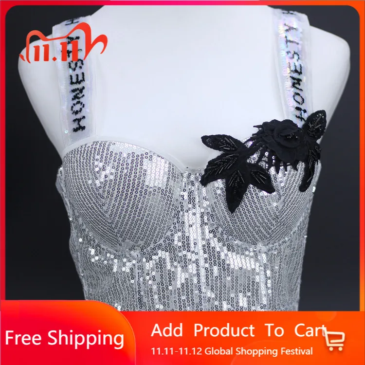 

Mayata Sexy Top DJ wear Beaded embroidered sequins suspenders short feminine vest all-match dance tops wrapped around the chest