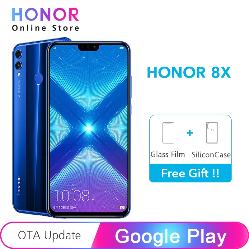 Смартфон Google Play Honor 8X8 X, 4 ГБ, 64 ГБ, Восьмиядерный процессор Kirin 710, двойная задняя камера 20 МП, многоязычный экран 6,5 дюйма, 1080x2340p
