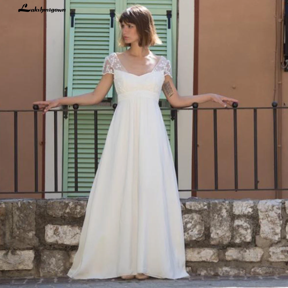 

Романтическое французское кружевное искусственное шифоновое пляжное платье А-силуэта с короткими рукавами, простое свадебное платье по индивидуальному заказу