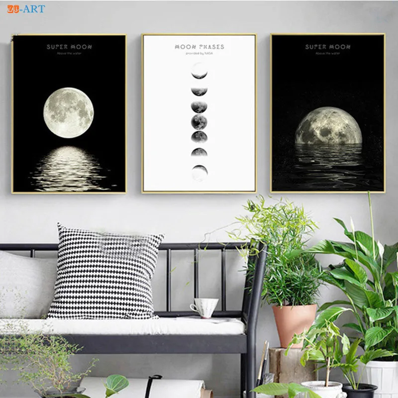 Плакаты и принты Moon настенные минималистичные картины на холсте черно белые для