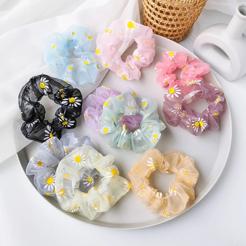 

Cute Rubber Bands Small Daisy Print Women Girls Net Yarn Hair Scrunchie Elastic Hair Accessories Soft Organza Hair Ring Hair Tie