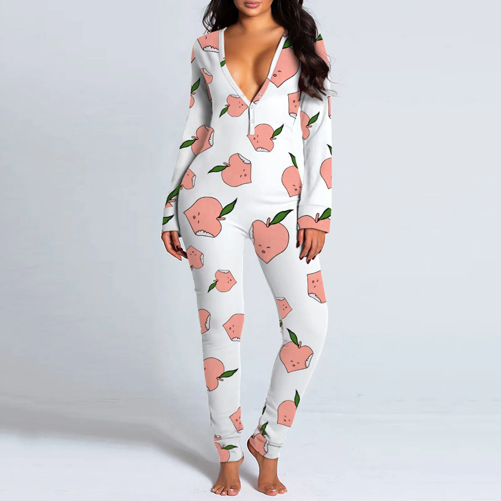 

Fashion Women's Pajamas Onesies Sleepwear Button-down Front Sexy Buttoned Flap Pijama Long Sleeve Jumpsuit Female Home Clothes