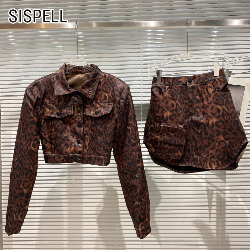 

SISPELL Leopard Grain Colorblock Two Piece Sets For Female Lapel Collar Long Sleeve Coat With High Waist Skirt Women's Suit New