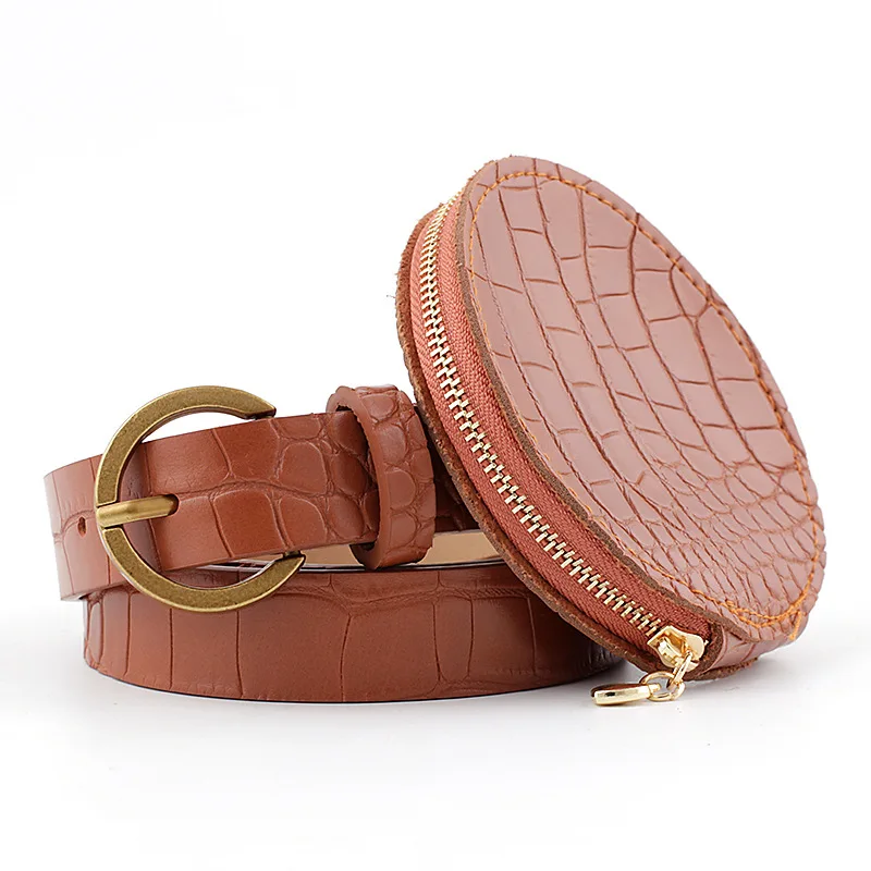 2020 NEW Fashion Round pouch Belt Crocodile pattern PU Leather belt coat dress waistband