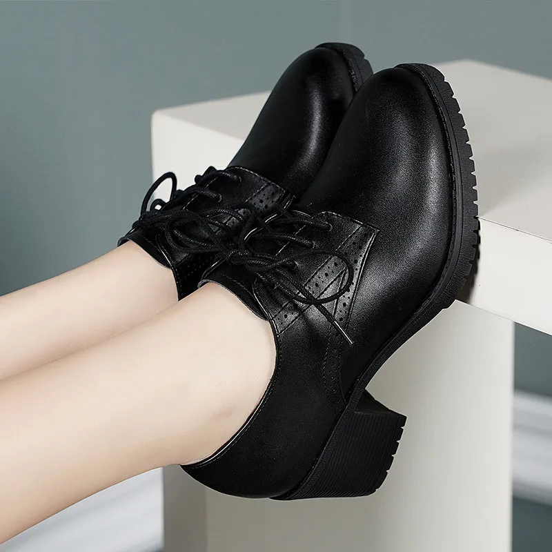 

Black Beige Chunky High Heels Oxford Shoes For Women 2020 New Lace Up Women Pumps Vintage Round Toe Ladies Oxfords Brogues Shoes