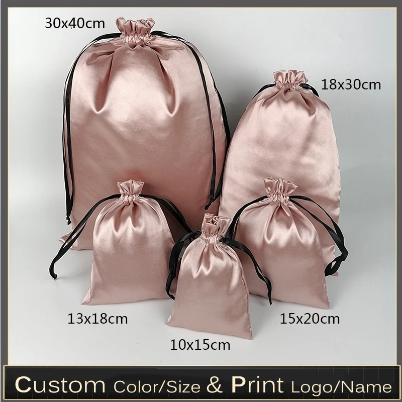 

New Rose Gold Silk Satin Bag Custom Logo Packaging Bag Virgin Hair Extenssions/Makeup/Eyelash/Perfume Drawstring Gift Pouch