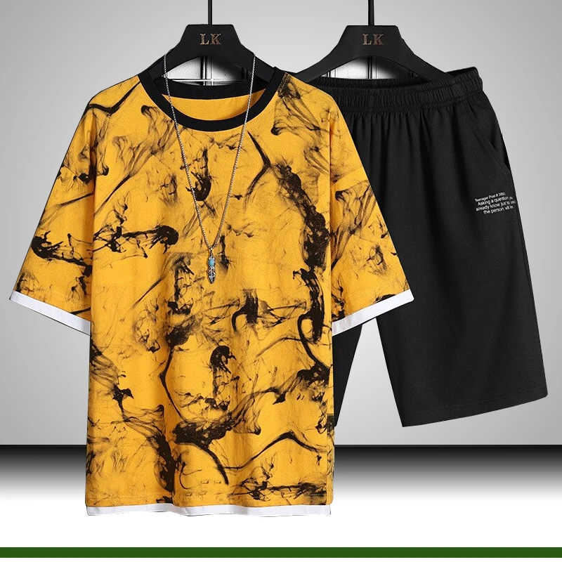 

Men Casual Set 2021 Fashion 2 PCS Sweat Suit Striped Short Sleeve T-shirt Shorts Sets Male Sportswear Tracksuit Summer Sportsuit