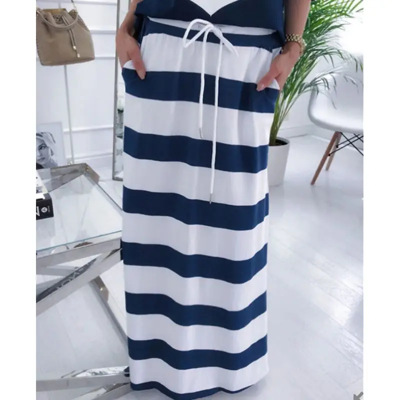 

2 Piece Set Women Hope Boat Anchor Print Off Shoulder T-Shirt Top And Striped Long Skirt Sets Summer Casual Two Piece Skirt Sets