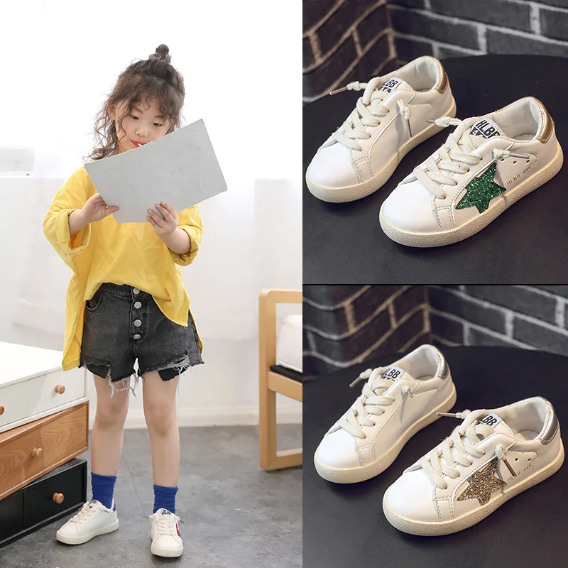 

Kids Boys Girls Sequins Star Sneakers Lace Up Paillette White Children Student Shoes Rubber Sole Bling Fashion Toddler Trainers
