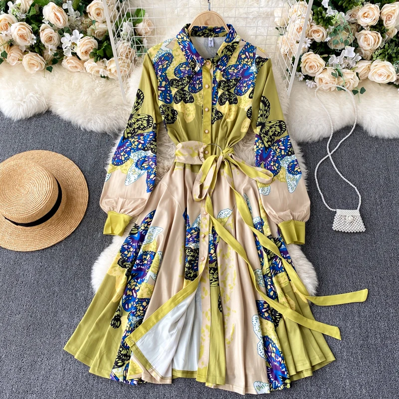 

Catwalk Style Temperament Lapel Button Buttoned Puff Sleeve Women's Slim Fit Belt Waist Slimming Printed Dress Women UK562