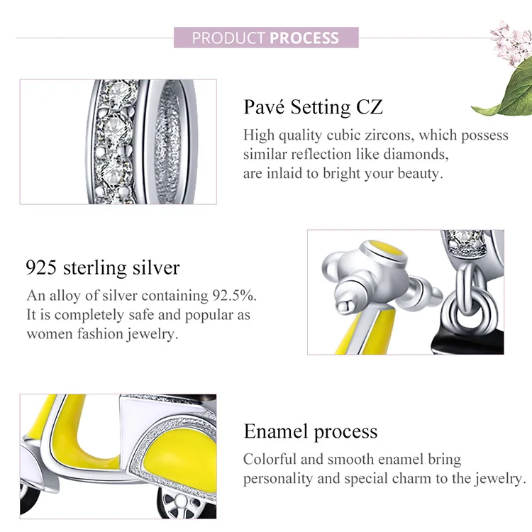 

Motorcycle Charms BISAER 925 Sterling Silver Yellow Enamel Retro Scooter Bike Beads fit Bracelets Bangle DIY Jewelry EFC136