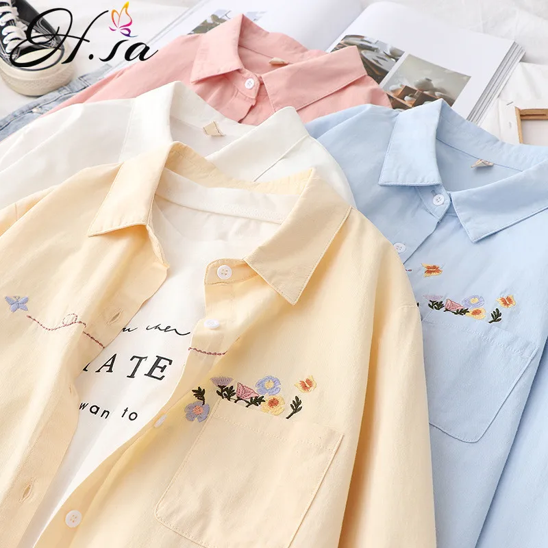 

HSA Floral Embroidery Women Office Shirts Autumn White Blouses Casual Ladies Tops Female Blusas Camisa Double Cotton Yarns Cloth