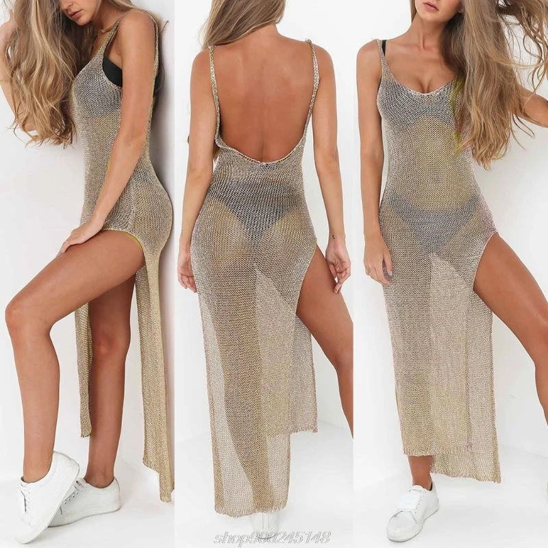 

Women Sexy Summer Sunscreen Sheer Mesh Bikini Cover Up Metallic Solid Color Backless Slit Beach Club Sleeveless M03 21 Dropship