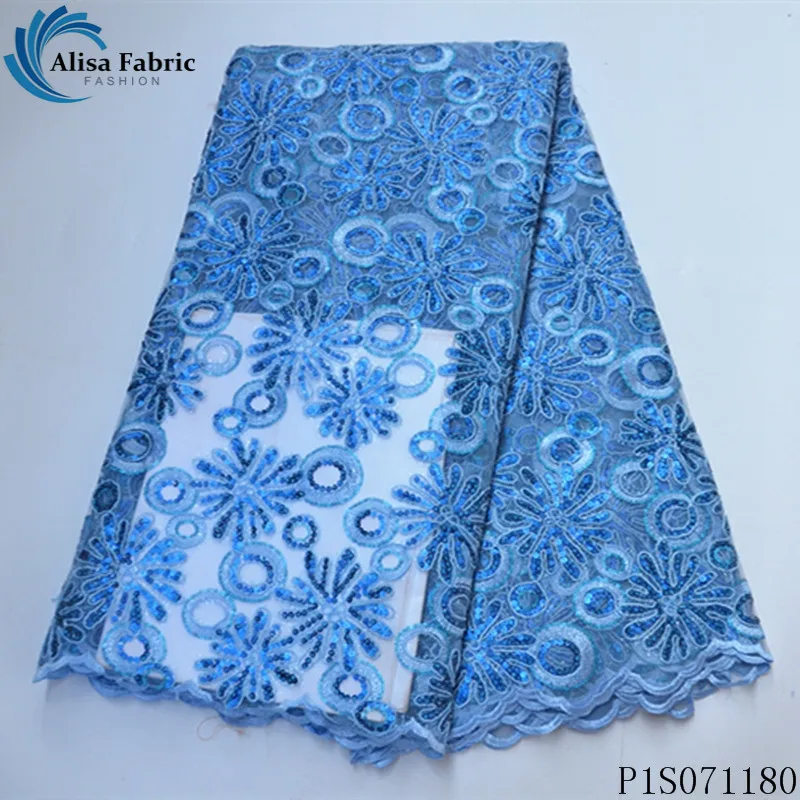 

Alisa sky blue african lace fabric 2020 high quality embroidery french sequins lace nigerian tulle fabric 5 yards/pcs for sewing