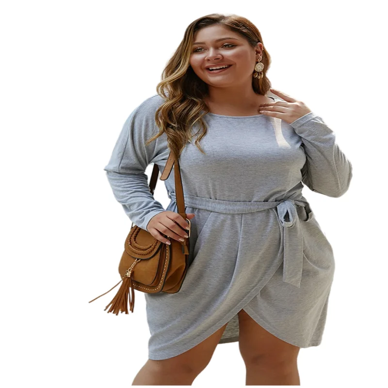 

Women Plus Size Solid Color Long Sleeves Autumn Dresses with Sashes O-Neck Sexy Causal Office Lady Dress