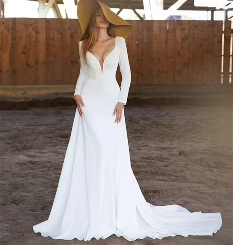 

#11222 Simple Elegant Beach V-Neck Long Sleeve Open Back Sweep Train Soft Satin Wedding Dress Bridal Gowns Evening Dress