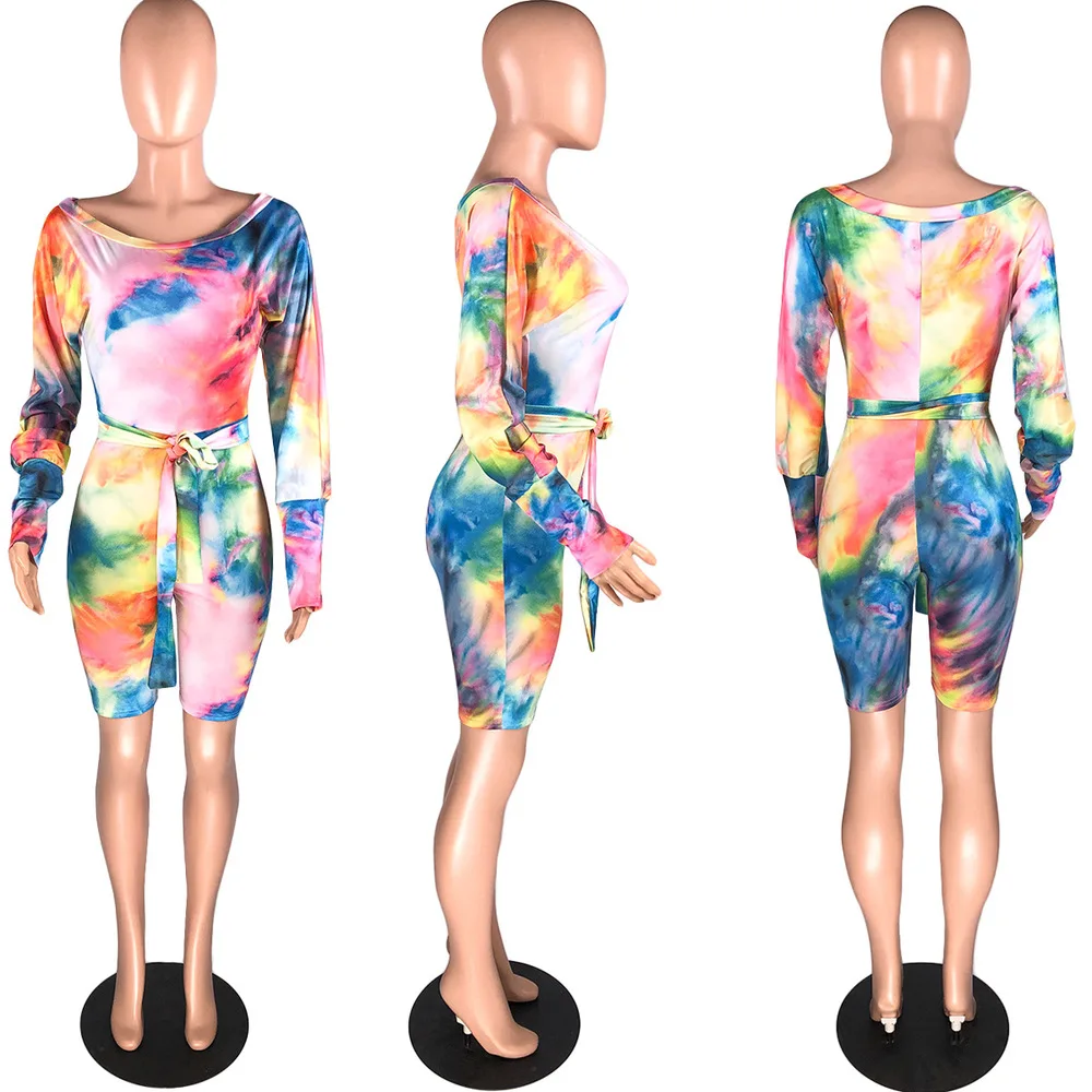

Rainbow Tie Dye Slim Rompers Womens Jumpsuit Autumn O Neck Long Sleeve Club Party Bodysuit Streetwear Sashes One Piece Overalls