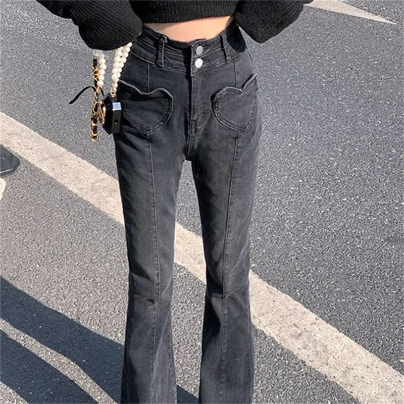 

Harajuku Style Denim Trousers Fashion Heart-shaped Pocket Women's Jeans High Waist Slim Straight Cowboy Flare Pants For Women
