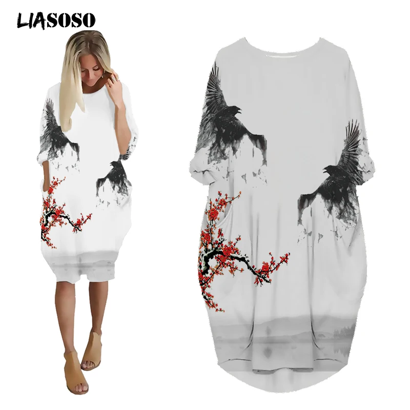 

LIASOSO Chinese Style Dapeng Spreading Wings Dress 3D Printing Girls Casual Loose Long Sleeve Over-the-Knee Dress Women