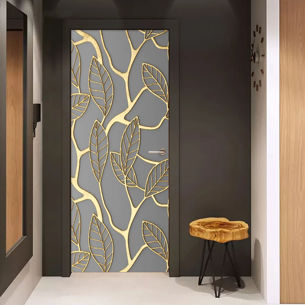 

Metallic Texture Golden Leaves PVC Door Stickers DIY Renew Wall Sticker Vestibule Living Room Decor Home Decoration Accessories