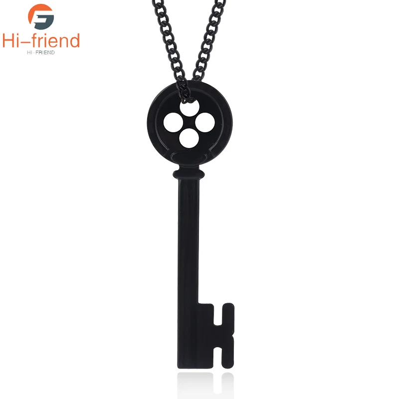 

Hot Movie Coraline Necklace Black Silk Buttons Pendant Gunfight Lettering Dog Tag Metal Necklace for Women Men Casual Gift