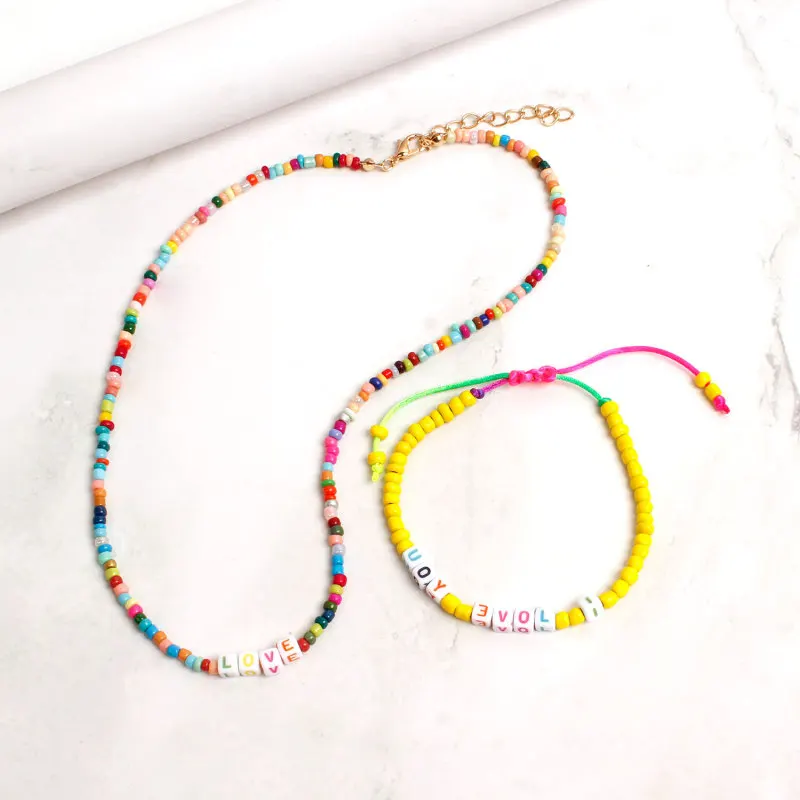 

Women Fashion Bohemian Letter Love Necklace Bracelet 2020 Summer New Unique Strand Necklaces Girls Beach Style Chokers Jewelry