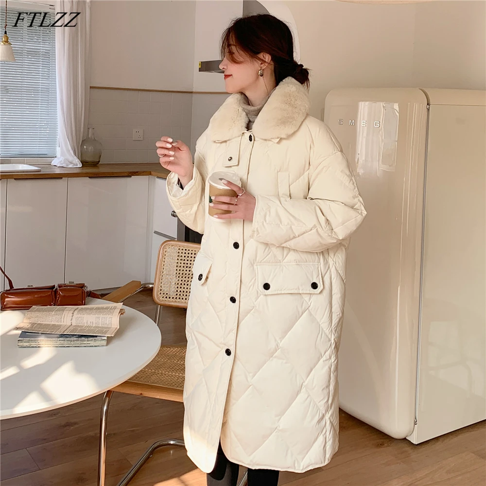 

FTLZZ Winter Women Long Jacket Large Real Fur Collar Light Feather Coat Female Loose Fluffy Puffer Parke Single Breasted Outwear