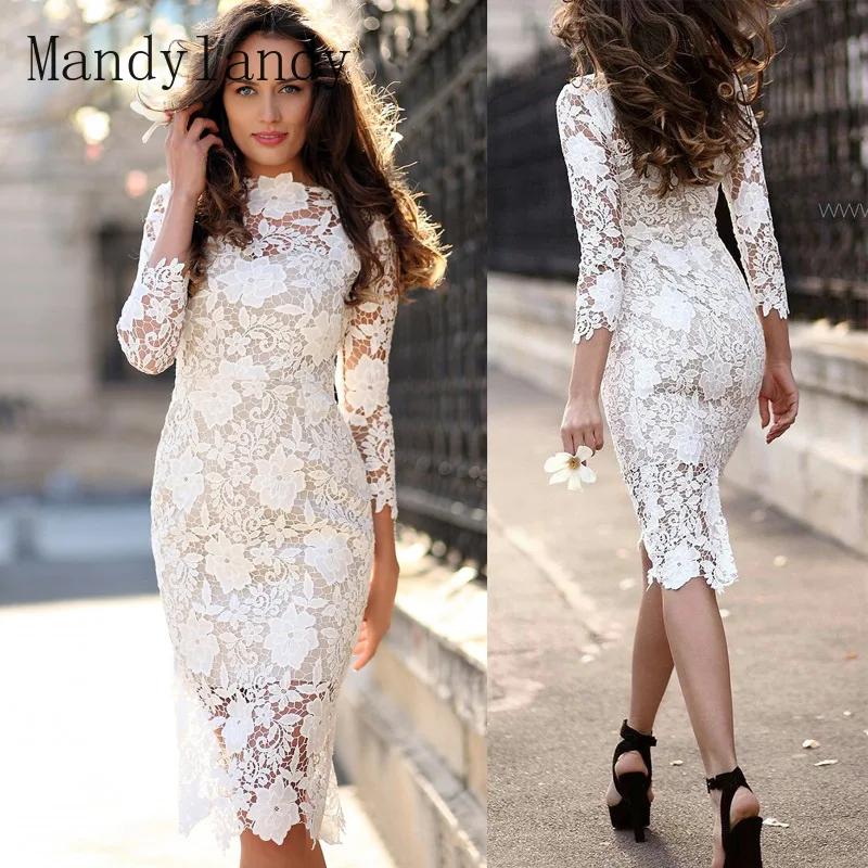 

Mandylandy Women's Sexy Lace Hollow Out Pencil Dress Ladies Elegant Long Sleeve O Neck Slim Fit Bodycon Party Evening Dress