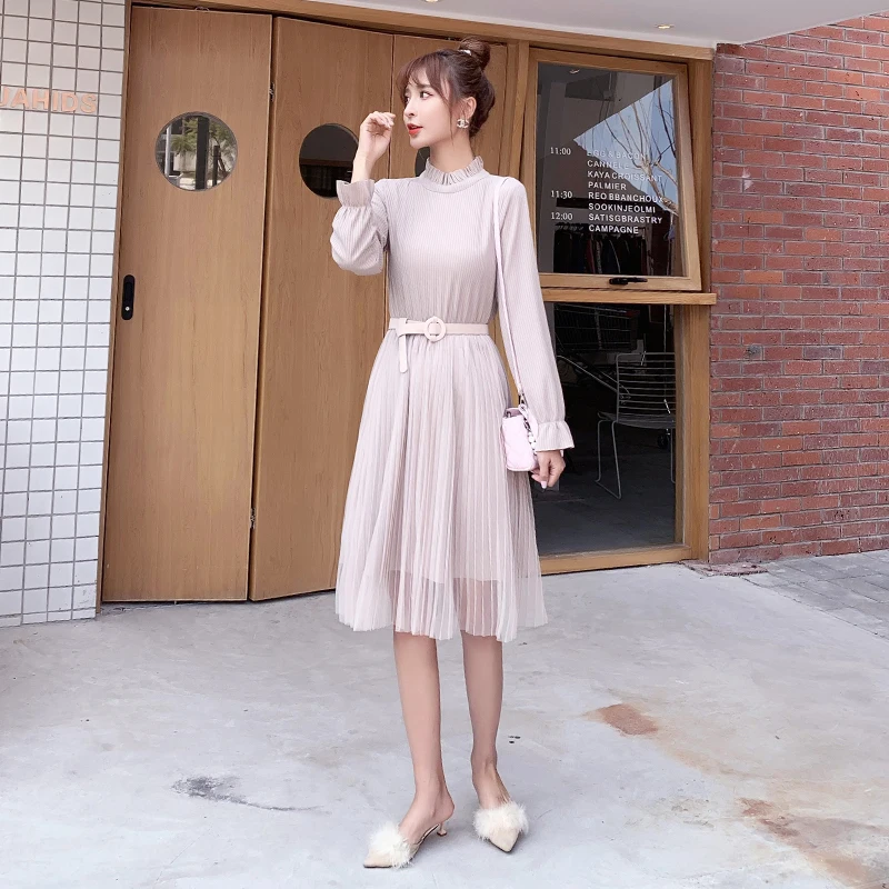 

New Elegant Women Autumn Winter Two-piece Sets Irregular Sweater Top Mid-length Mesh Pleated Dress