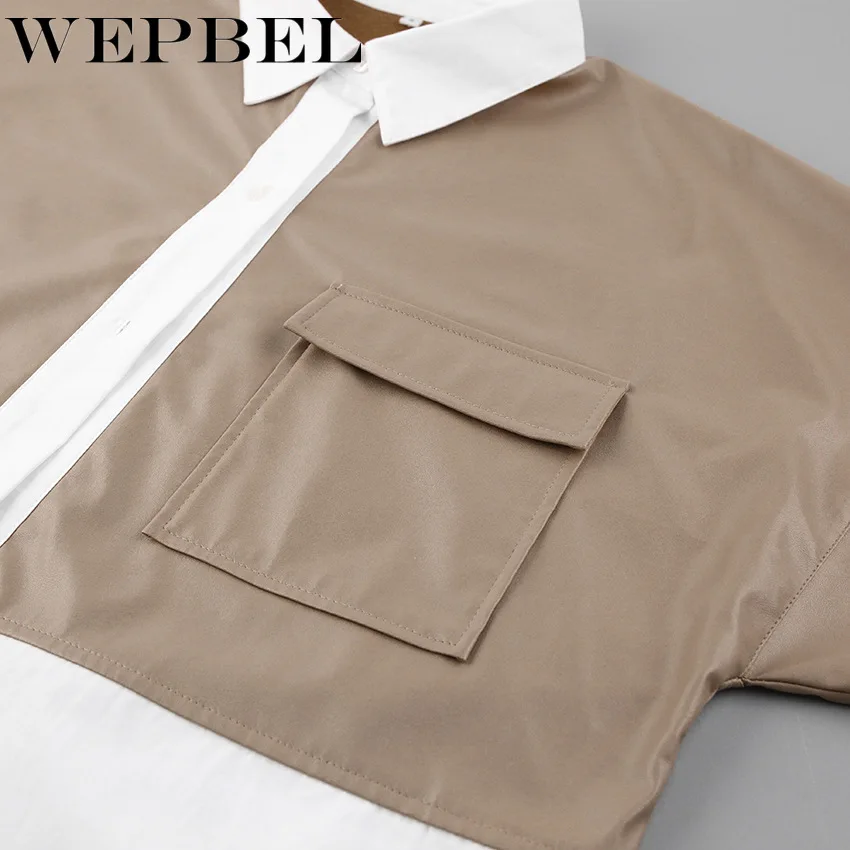 

WEPBEL Women Spring Autumn Loose PU Patchwork Blouse Shirt Top Lady Elegant Long Sleeve Turn Down Collar Single Breasted T-shirt