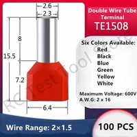 100pcs te1508 double pipe 0 56 0%c2%b2 cold pressed end double wire tube shaped insulated tubular terminal