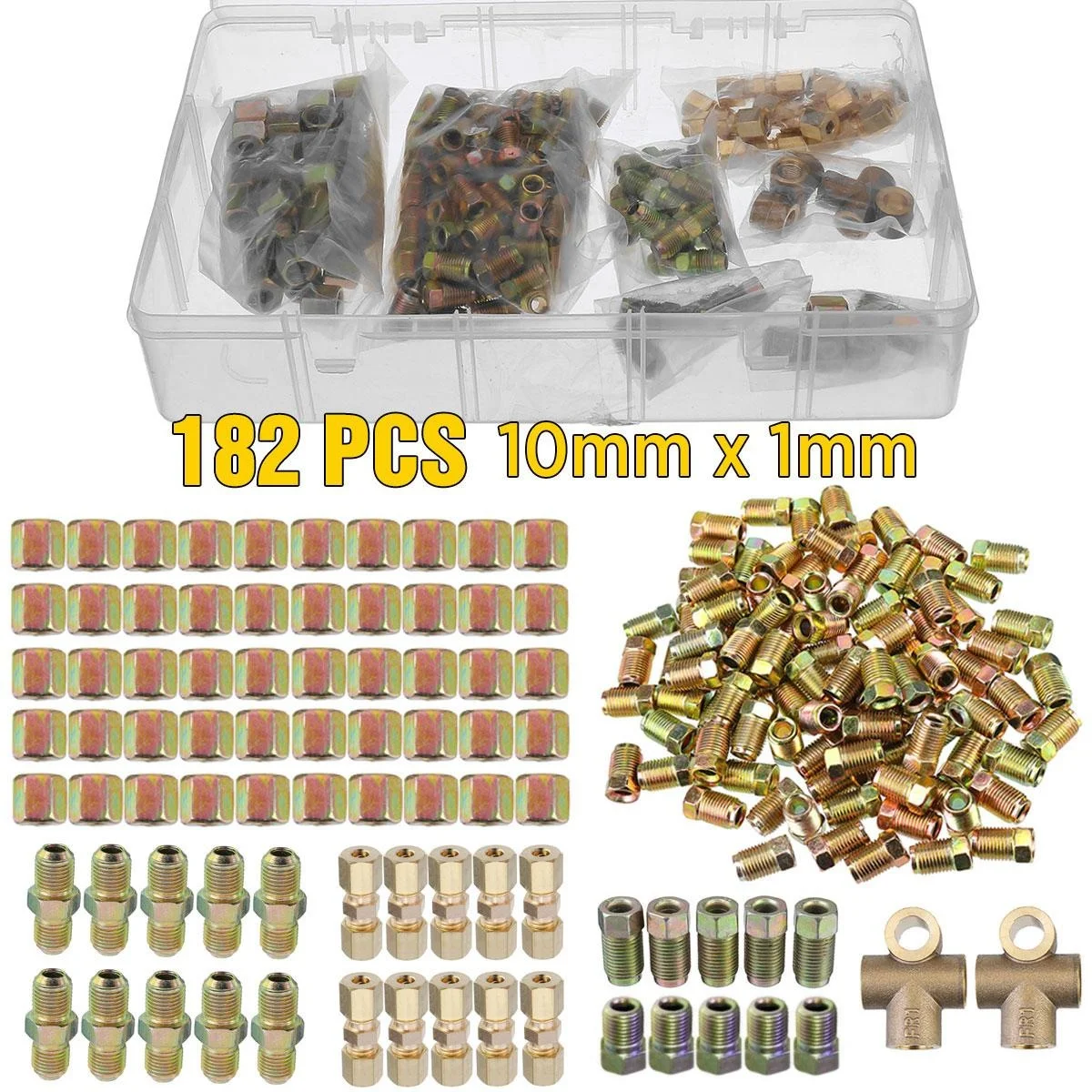 

182pcs Brake Hose Line Pipe Connectors Nuts Fittings Male Female Kits 2 3 Way 10mm x 1mm 3/8" 7/16" Metric Nuts