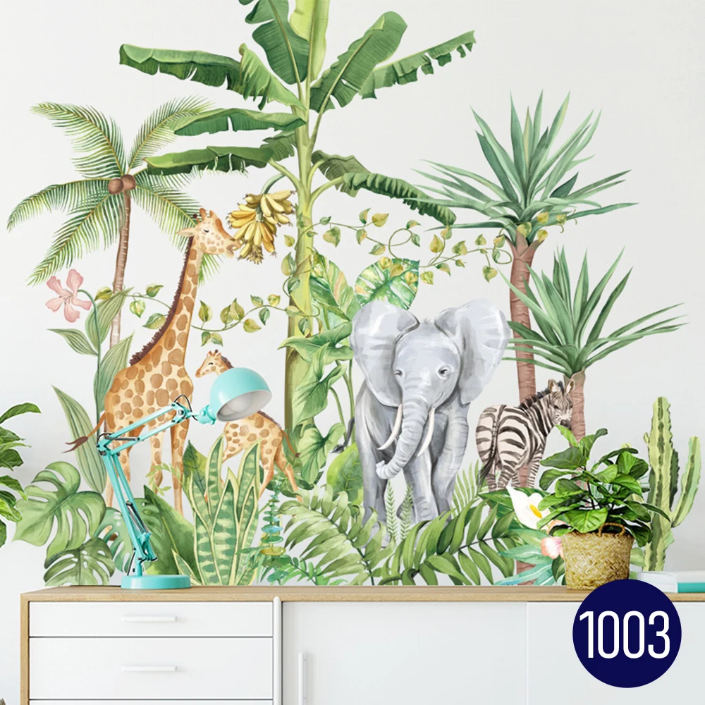 

Cartoon Animals Elephant Giraffe Nordic Plant Wall Stickers Sofa Kids Bedroom Tropical RainforestBackground Corridor Decoration
