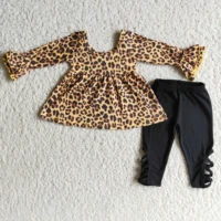 autumn winter girls clothes leopard print long sleeved top black strap trouser suit kids clothing