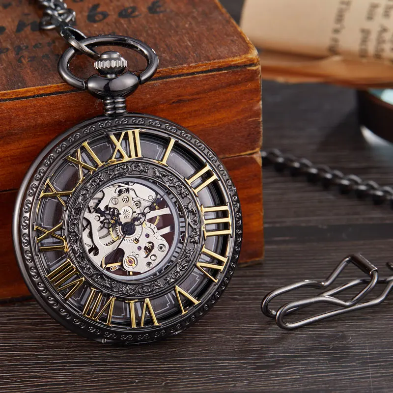 Black Roman watch Антикварные Механические карманные часы для мужчин и женщин, часы с римскими цифрами и циферблатом, роскошные Серебристые часы со скелетом и цепочкой, Прямая поставка - Цвет: Black Roman watch