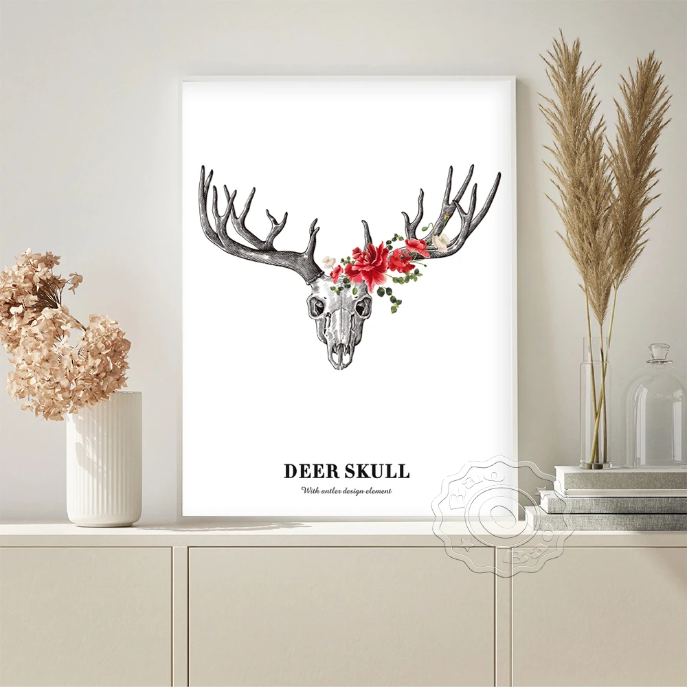 

Hand Draw Black White Sketch Art Prints Poster Deer Skull Wall Stickers Red Flower Modern Canvas Painting Minimalist Home Decor