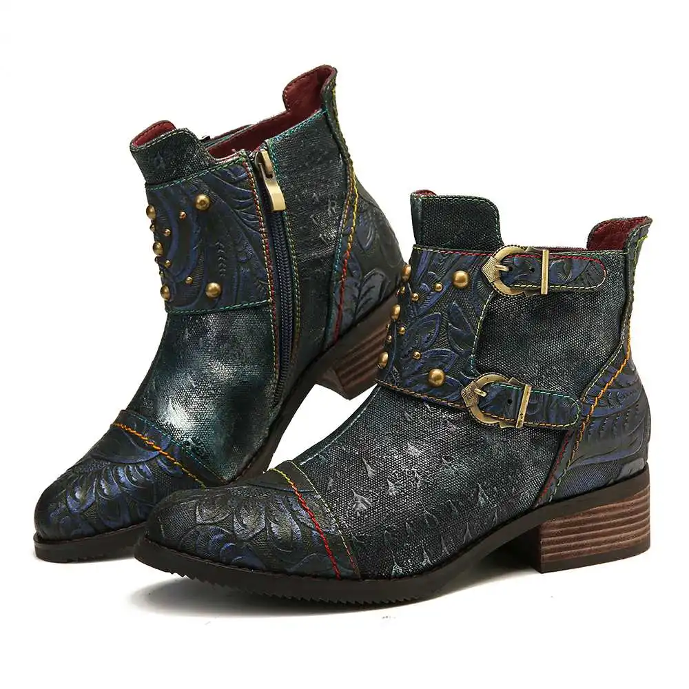 SOCOFY/ботинки с тиснением; Zapatos De Mujer; обувь из натуральной кожи с заклепками и пряжкой на молнии; красивые женские ботильоны
