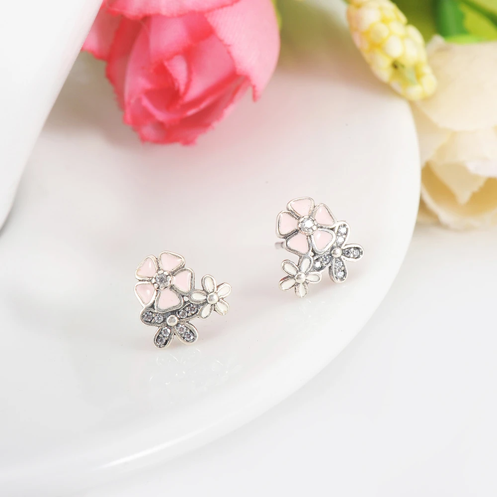 DEVOLOVE Мода 100% 925 стерлинговые серебряные серьги розовые ромашки вишня цветок