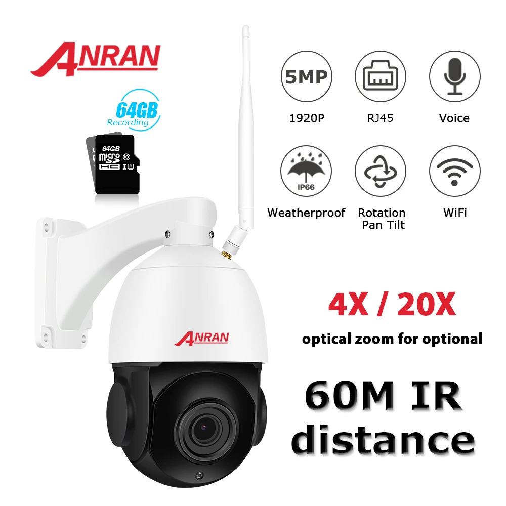 ANRAN 5MP PTZ ip-камера наружная Водонепроницаемая скоростная купольная камера 20 X зум-объектив 60 м ИК ночного видения Поддержка камеры безопасности Onvif