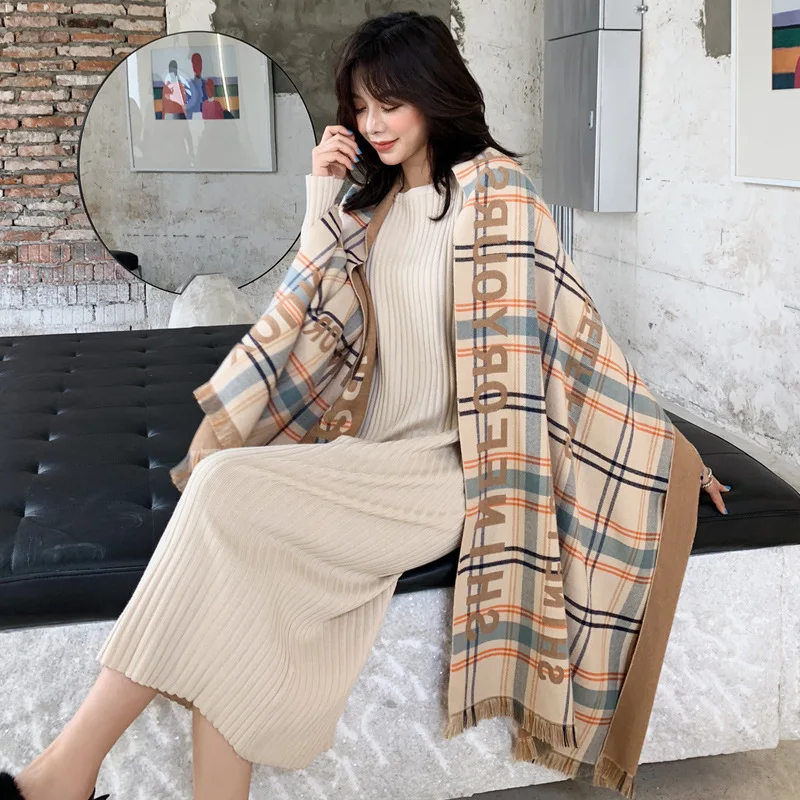 Женский шарф в клетку из кашемира с надписью европейском и американском стиле