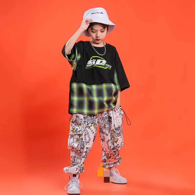 

Kids Concert Hip Hop Show Clothing Outfits Tshirt White Stage wear Tactical Cargo Pants for Singers Girls Dance Costume Clothes
