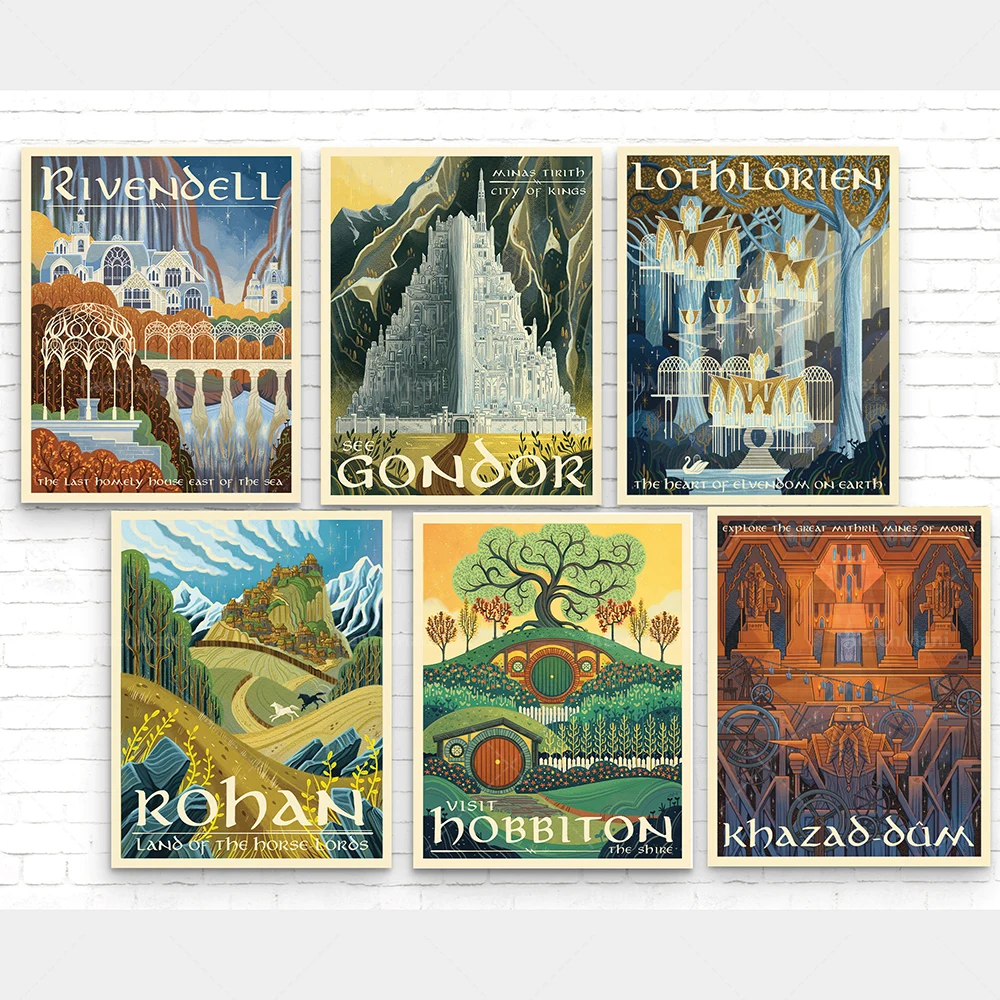 

Holiday travel middle-earth poster printing landscape canvas painting castle waterfall wall art picture modern living room decor