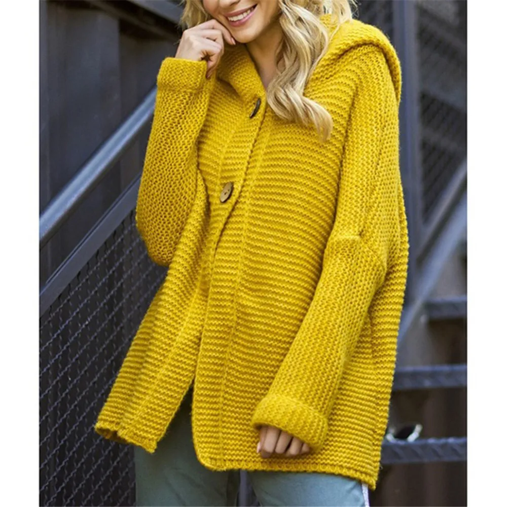 

Hooded Cardigan Sweater Women Solid Loose Womens Sweater Casual Single Breasted Autumn Winter Female Outerwear