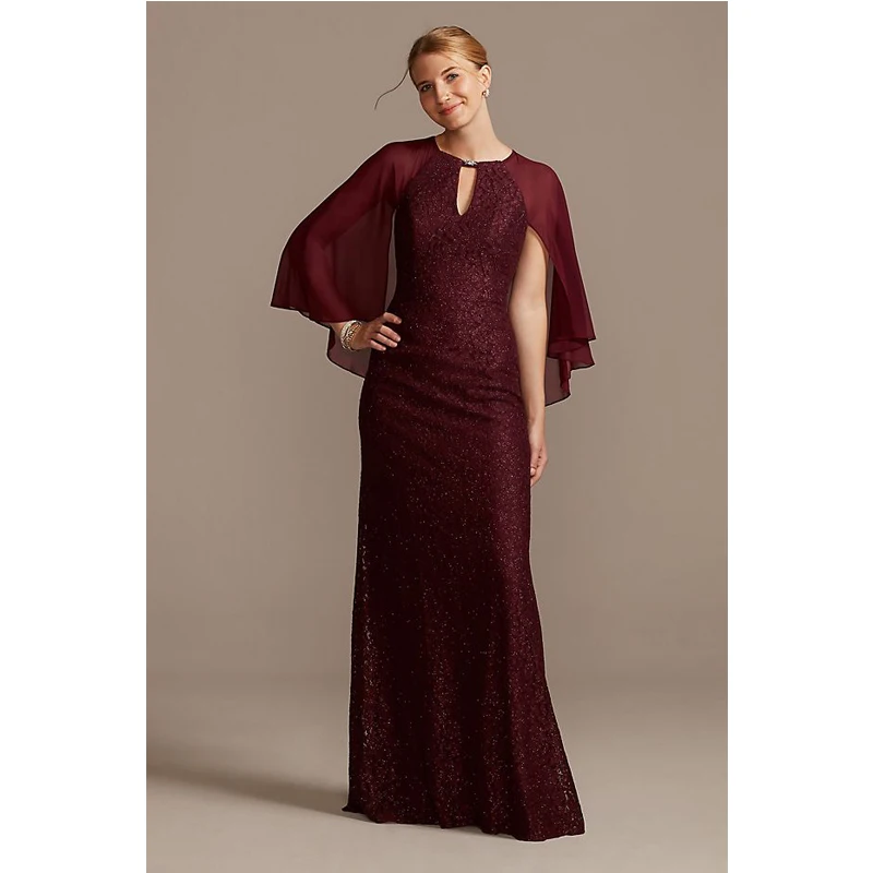 

Glitter Lace Sheath Dress with Cape Sleeves A-Line Jewel Floor-Length Burgundy Zipper-up Party Elegant Wear Dresses for Women