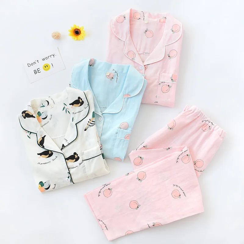 

Весенняя Пижама 2021, женский кардиган из хлопчатобумажной марли с длинными рукавами, костюм-Двойка для домашнего использования, можно носит...