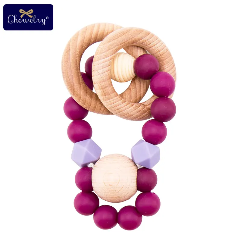 Purple 1 шт., детский браслет Teethe Woden, Ювелирное Украшение из бука, деревянное кольцо, персонализированные детские силиконовые бусины, детская коляска-погремушка, Товары для детей - Цвет: Purple