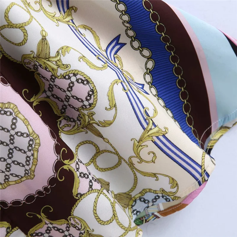 

Woman Vintage Print Satin Shirt Short Dress 2021 Summer Female Sashes Mini Dresses Ladies Long Sleeve Lacing A-Line Dress