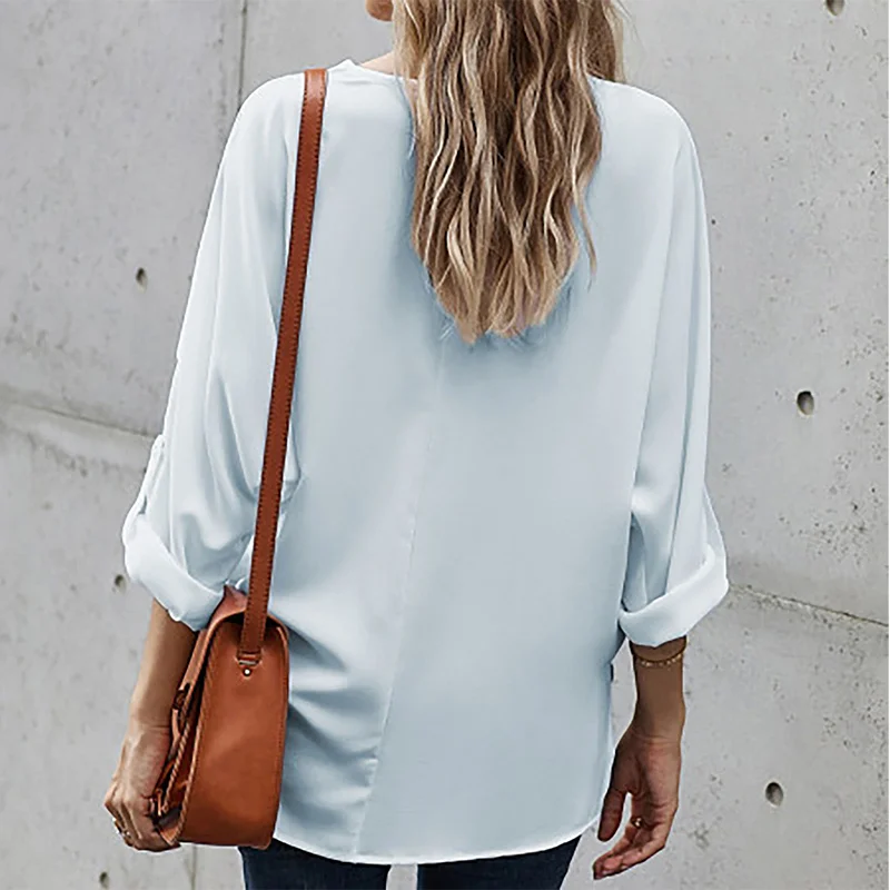 

Chiffion V-neck Solid Women Shirt Blouse Long Sleeves Casual Loose Simple All Match Lady Blouses 2021 Autumn Streetwear Top