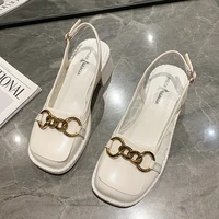 2021 new style summer women shoes square toe chunky heels women sandals buckle mid heel baotou metal button sandals for women